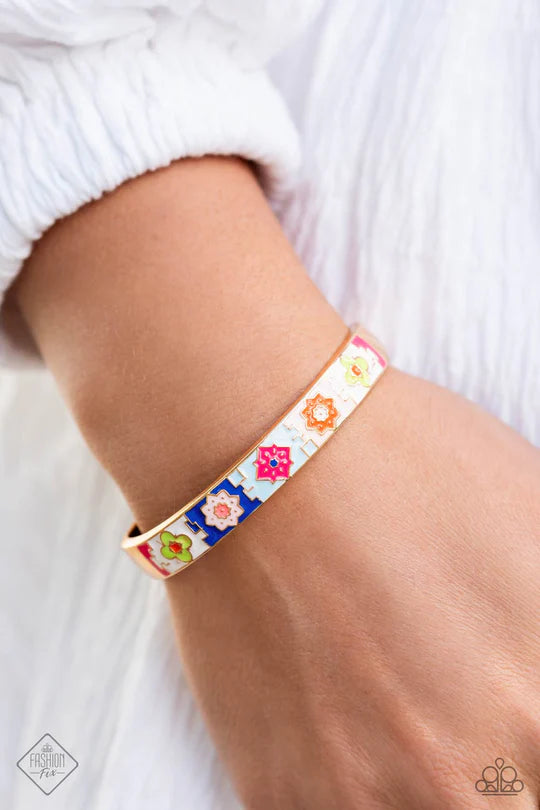 Multicolored Moment - Gold Colorful Pattern Cuff Bracelet